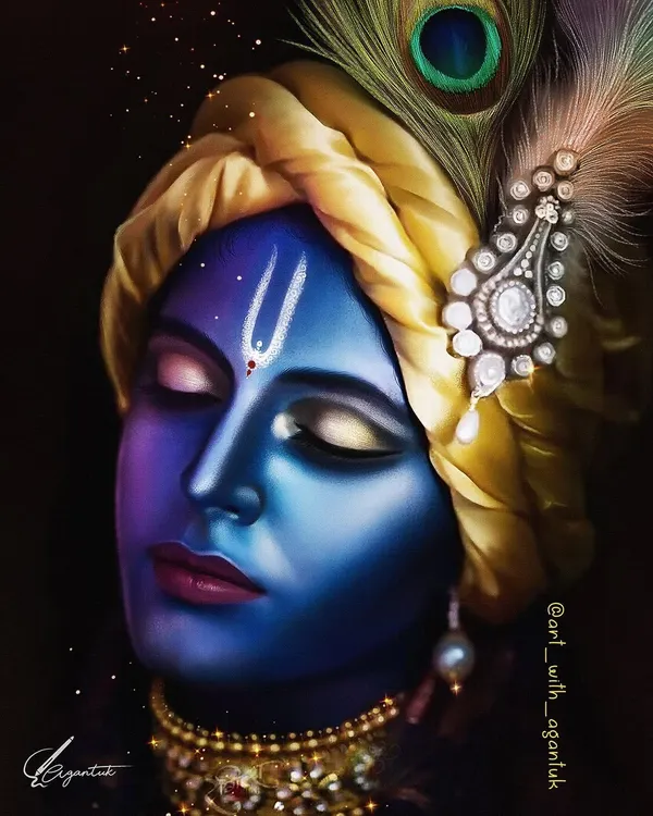A digital portrait of Lord Krishna in a state of meditation. I focused on creating a sense of calm and divinity through the soft expression, glowing skin, and the beautifully detailed peacock feather in his turban.