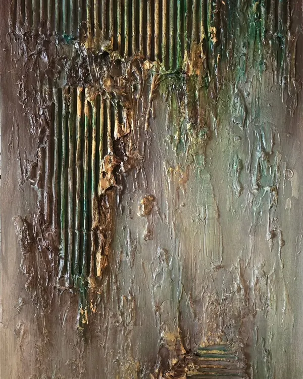 Every painting has a story. This piece is inspired by the textures of old homes, with their weathered walls and rustic charm. The layers and colors remind me of the past. What does this artwork remind you of?