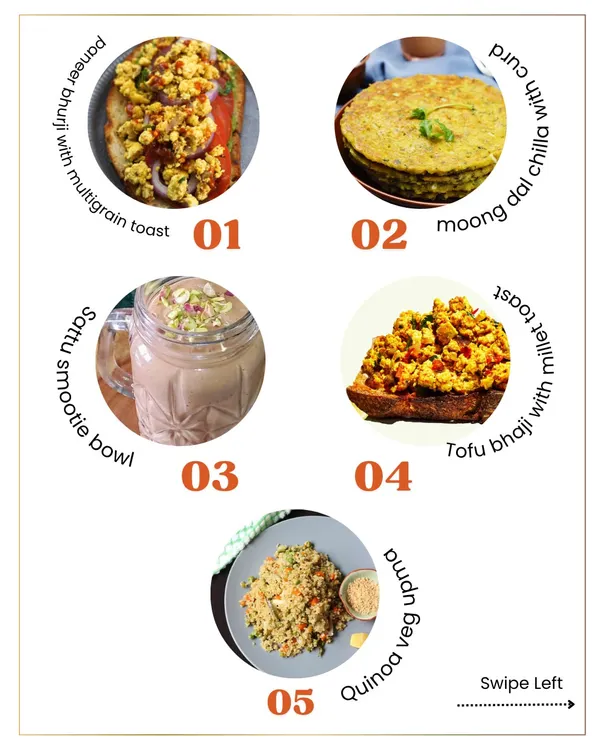A visual guide to my top 5 complete veg breakfasts for weight loss. You can enjoy delicious options like paneer bhurji, moong dal chilla, sattu smoothie bowls, tofu bhaji, and veggie upma.