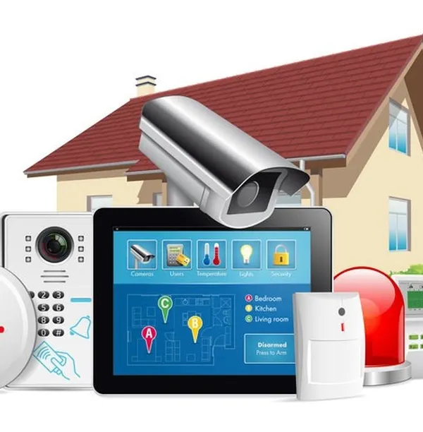 We design and install comprehensive home security ecosystems that combine video surveillance, alarm systems, and smart access controls. This visual represents a typical integrated setup, where a central tablet controls cameras, sensors, and sirens for complete property management.