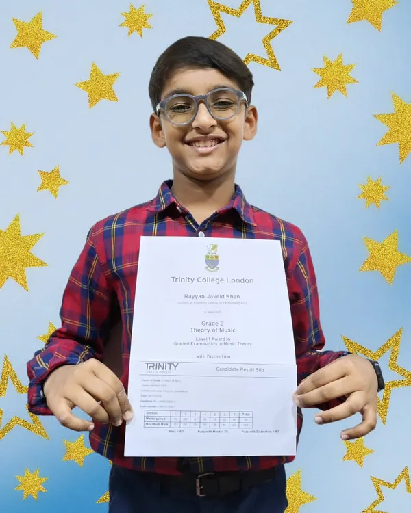 Celebrating excellence in music theory. Congratulations to Rayyan for securing a distinction in his Grade 1 'Theory of Music' exam from Trinity College London.