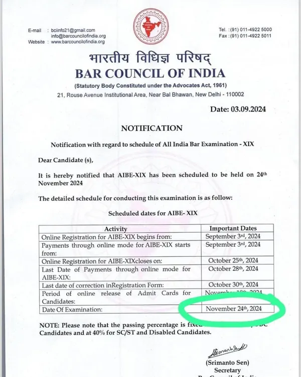 Important dates for the All India Bar Examination (AIBE) XIX. The exam is scheduled for November 24, 2024. A crucial step for every law graduate wanting to practice in India.