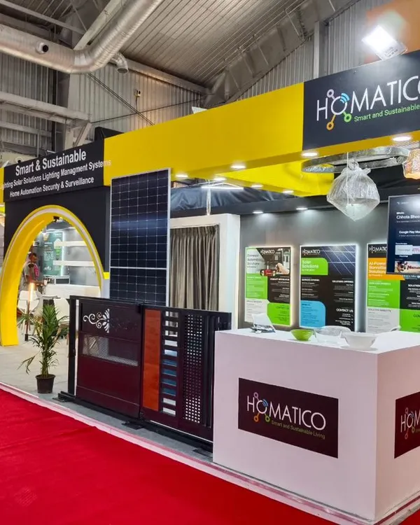 A wide view of our exhibition booth at D-arc BUILD 2024. We designed the space to be an interactive showcase of our smart and sustainable solutions, from solar panels to automated gates.