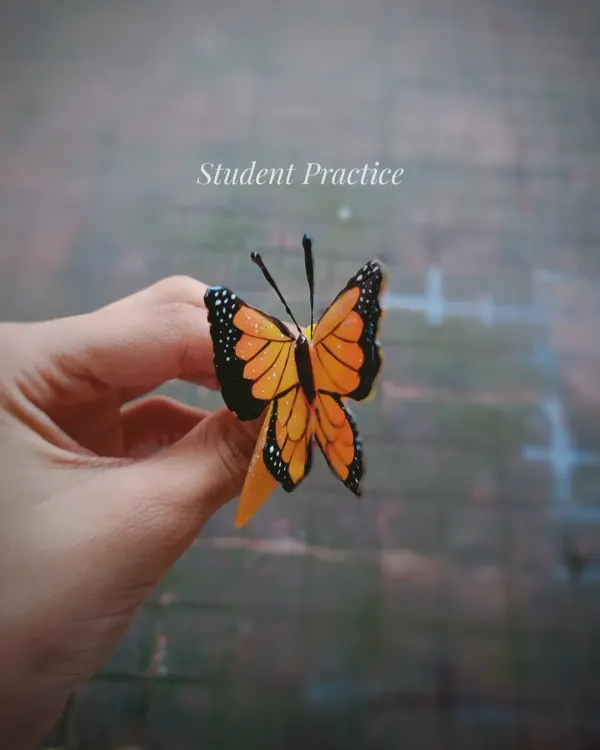 An example of advanced 5D nail art practiced by a student. This stunning, lifelike butterfly shows the level of detail and sculptural skill you can learn.