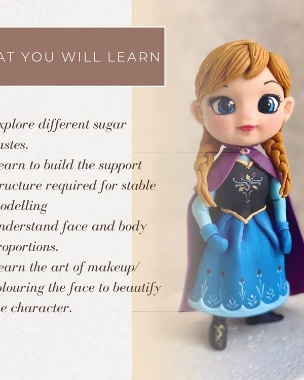 This flyer for my Anna figurine class shows exactly what you will learn. We focus on practical skills like using sugar pastes, building support, and understanding proportions to create beautiful characters.