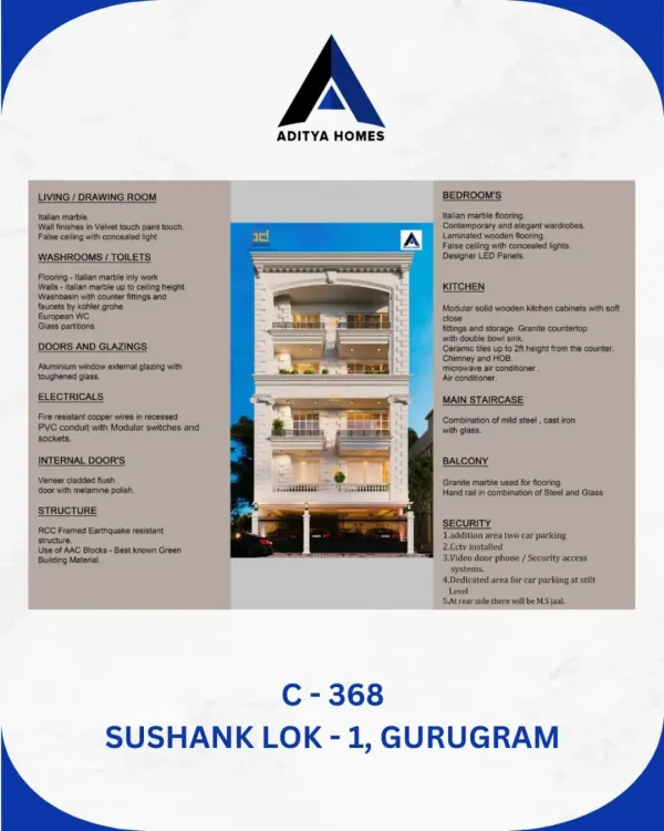 The specification sheet for our C-368 project in Sushant Lok 1. This details everything from the Italian marble and modular kitchens to the RCC earthquake-resistant structure, giving partners a clear understanding of the quality we deliver.