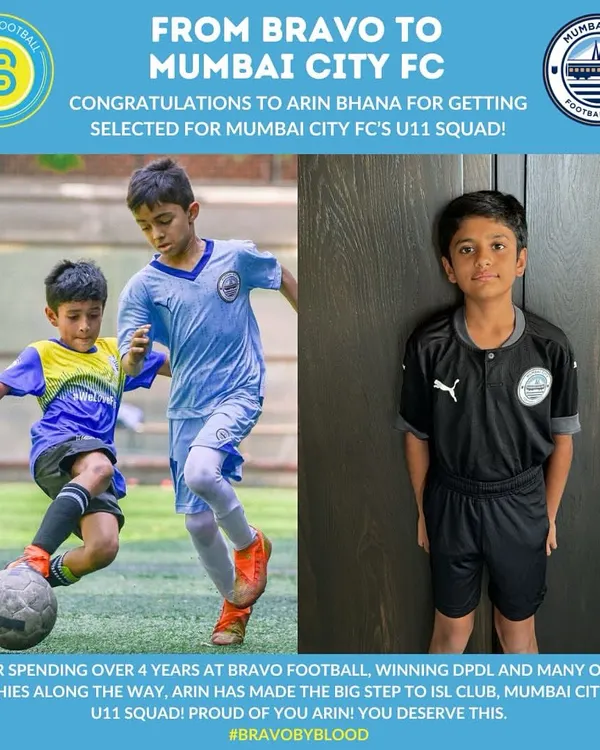 From Bravo to Mumbai City FC. After 4 years with us, Arin Bhana has made the big step to an ISL club's U11 squad. We are so proud of you, Arin.