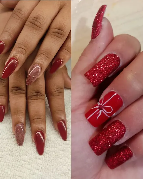 We love creating bold and festive looks. This image showcases two different styles using red polish: one with a sophisticated glitter accent nail and another with a playful, hand-painted gift bow design.