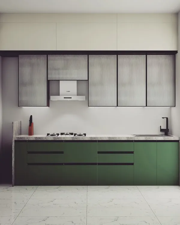 This is a 3D elevation for a proposed modular kitchen. It details the material finishes, like acrylic and fluted glass, and specifies hardware like heavy-duty tandem drawers and soft-closing accessories.