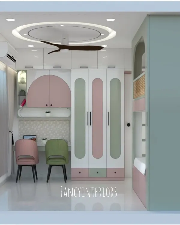 This is a 3D render of a kids' bedroom, showing the wardrobe and study area. The design uses playful arched shapes and a pastel color palette of pink, green, and white.