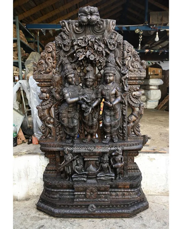 Our monumental 87-inch (over 7 feet) Thirukalyanam sculpture, depicting the celestial wedding of Goddess Meenakshi. This is a singular masterpiece, carved with dozens of figures and extraordinary detail, destined for a temple or a serious collector.