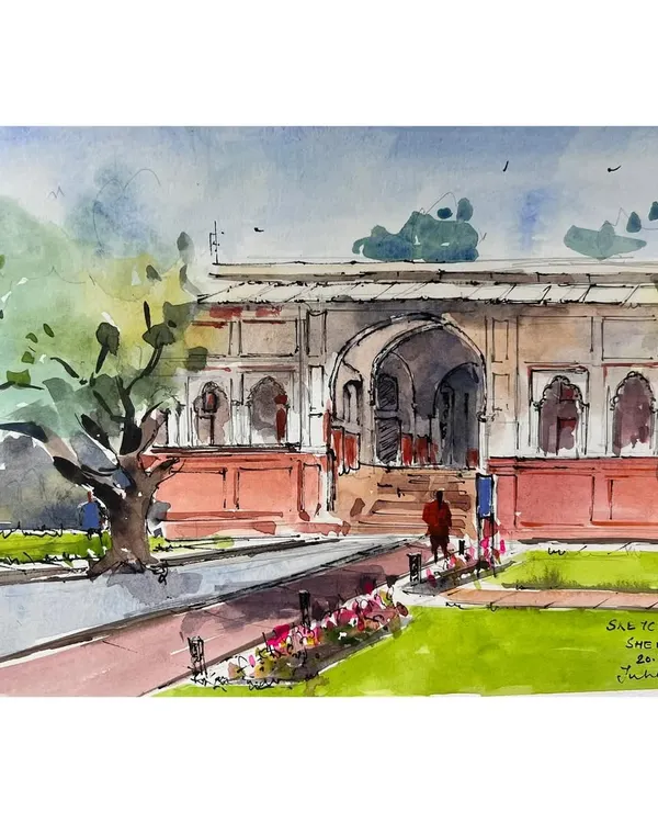 A watercolor and ink sketch of Sher Mandal. It was a beautiful Sunday morning, and even though parking was tricky, I was determined to sketch this historic spot. The 40-minute drive from Sonipat was completely worth it.