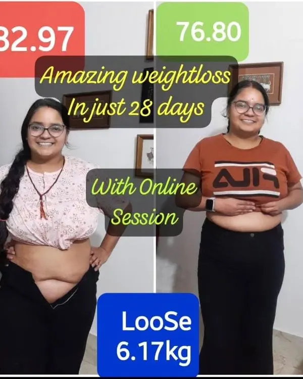 This is what's possible in just 28 days with my online program. This client lost over 6 kgs with consistent workouts and a simple, natural diet plan, proving you don't need to be in the studio to see amazing results.
