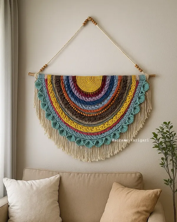 This handcrafted semi-circular wall hanging combines intricate macramé knotting with colorful crochet layers. It's a true statement piece, perfect for bringing a vibrant, bohemian feel to any living room or entryway.
