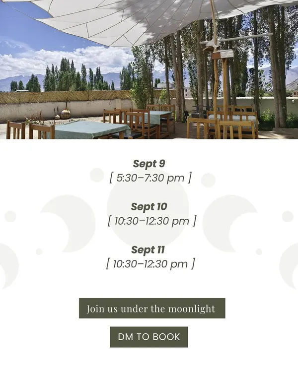 An invitation to join us under the moonlight in Ladakh. These posters detail the dates and times for our special full moon gatherings, which are designed to foster connection and creation.