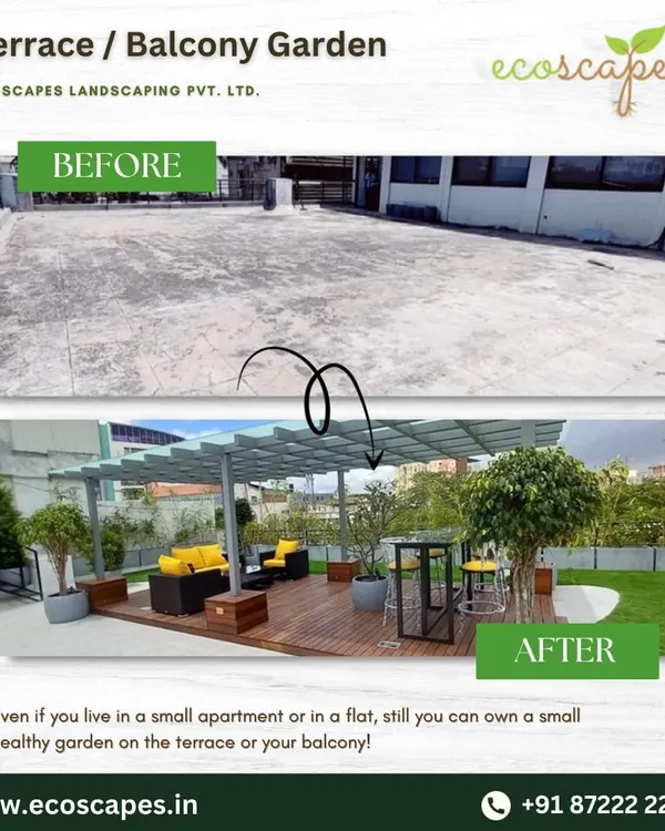 A powerful before-and-after of a terrace garden project. We took a plain concrete slab and converted it into a high-end outdoor living room with decking, a pergola, and stylish furniture.