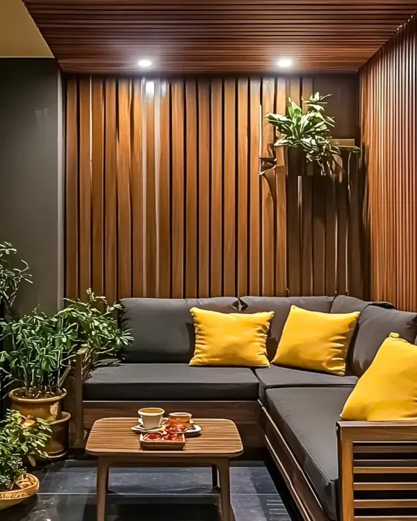 A cozy and intimate balcony setting perfect for evening relaxation. The space features a comfortable L-shaped sofa, warm wood-panelled walls, and is surrounded by lush potted plants.