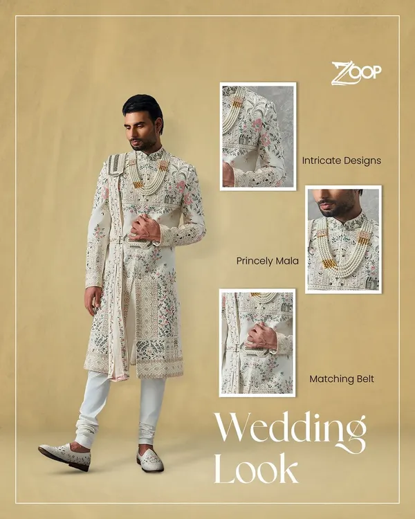 This complete wedding look is designed for the groom who desires a regal presence. It features a sherwani with intricate designs, a princely mala, and a matching belt for a truly majestic appearance.
