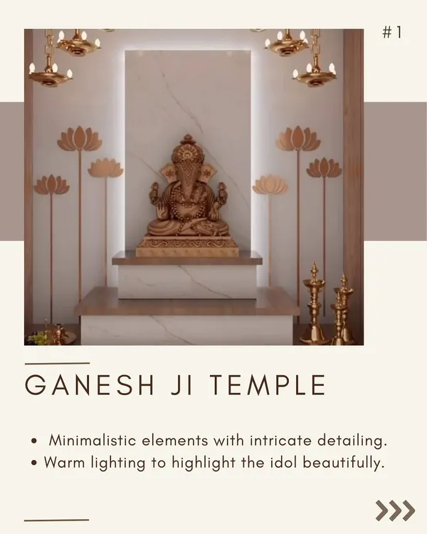 This Ganesh Ji temple design is a study in minimalist elegance. The clean lines of the marble platform are complemented by intricate lotus-themed wall accents and warm lighting to highlight the idol.