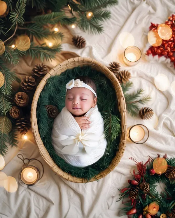 The most precious Christmas gift. This newborn sleeps peacefully in a basket lined with pine branches, surrounded by the warm glow of candles and festive decor.