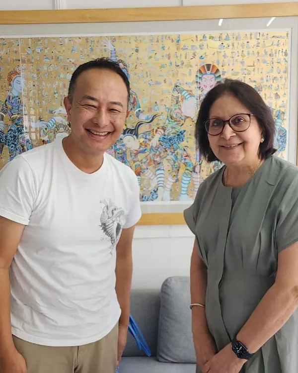 A wonderful moment captured during my visit to artist Tsherin Sherpa's studio in Kathmandu, Nepal. Building strong, personal relationships with my artists is fundamental to what I do.