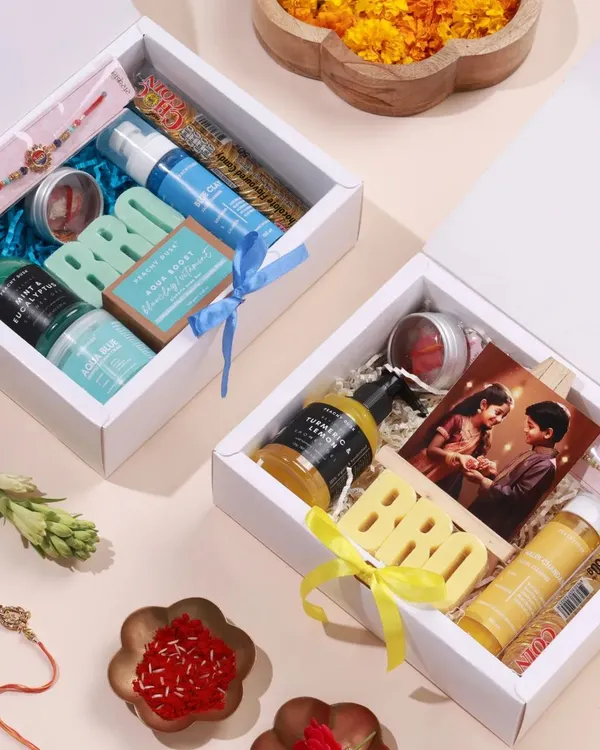 I offer two curated hamper themes for brothers this Rakhi. You can choose between the cooling Blue Clay set or the traditional Haldi Chandan set, both filled with my handmade, natural products.