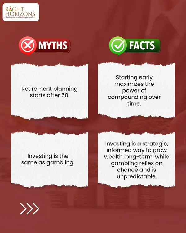 This carousel debunks common money myths. We clarify that investing is not gambling, you do not need to be an expert to start, and a financial advisor provides value beyond what an app can offer.