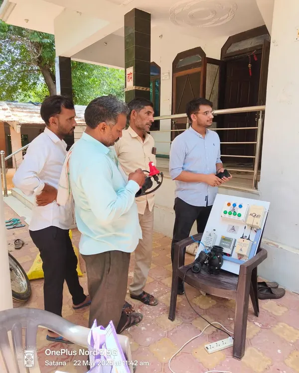 Our expert uses a portable demo kit during a Kisan Sabha in Med village, Jaipur, to explain the workings of our Autodrip and Hydromat automation systems. This hands-on approach helps farmers understand the practical benefits of smart irrigation.