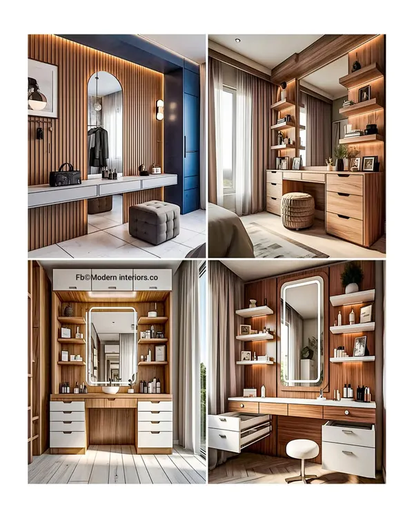 A collection of four different dressing unit designs. Each one offers a unique combination of mirrors, drawers, and shelving to create a beautiful and organized space for your daily routine.
