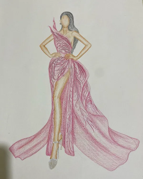 A fashion illustration of a flowing pink gown with a high slit and intricate draping. This is the first step where we visualize the final look and feel of the garment.