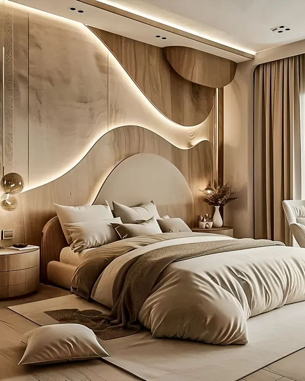 This bedroom is all about soft curves and warm, layered lighting. The custom-designed headboard flows up to the ceiling, creating a stunning focal point. The neutral color palette and soft textures make this room a truly serene retreat.