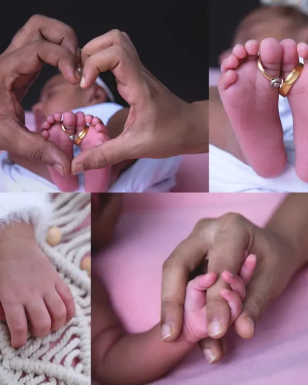 A collage dedicated to the little things: tiny feet with rings, small hands holding a finger, and parents' hands forming a heart around their baby.