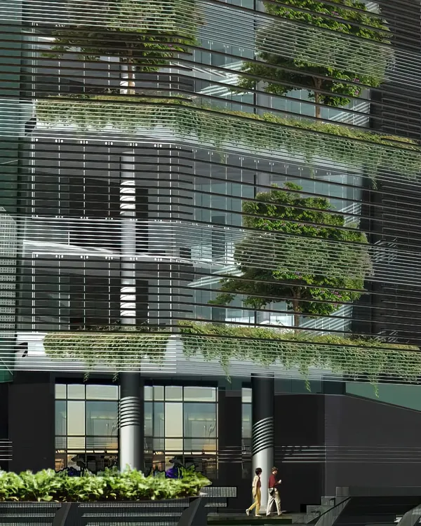 A closer look at the facade of our visionary "diamond" concept building. The vertical green terraces are designed as functional, sustainable elements, weaving nature directly into the high-rise structure to improve air quality and regulate temperature.