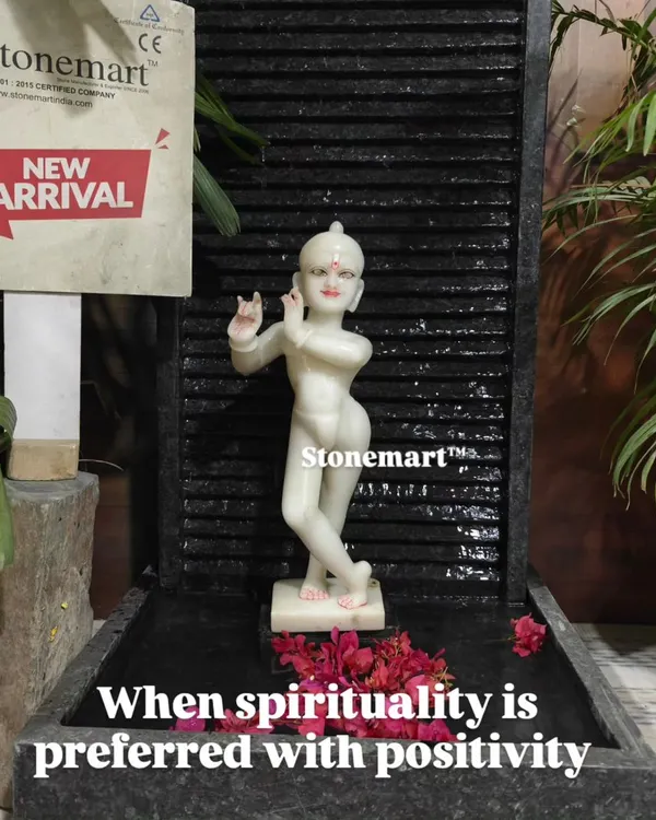 When spirituality is preferred with positivity, I create pieces like this. It features a hand-carved white marble Kanha Ji (Krishna) statue on a 3-foot ribbed granite waterfall.