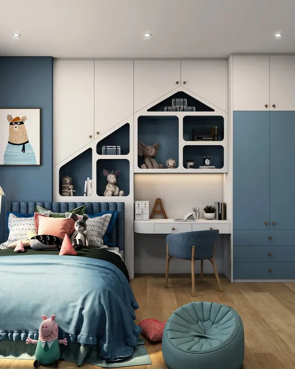 A sophisticated study and sleep combo perfect for teens or young adults. The house-shaped shelving above the desk adds a touch of whimsy, while the blue and white color scheme creates a calm and productive environment.