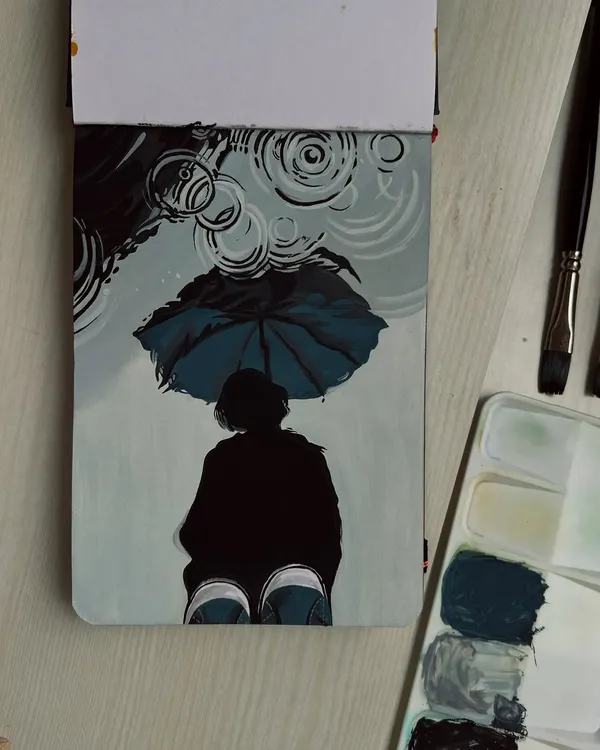 A moody gouache painting of a person in the rain.