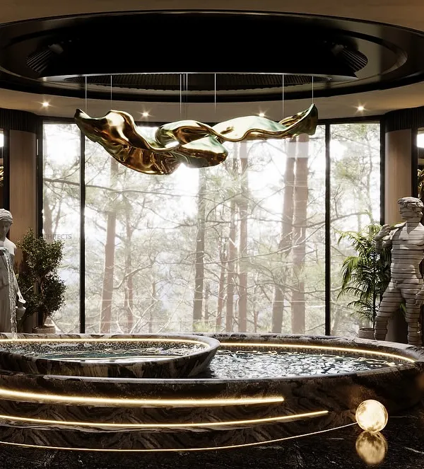 This luxurious bathroom is a poetic tribute to sea waves, blending fluid curves and a serene design. The centerpiece is a stunning multi-level jacuzzi, set against a backdrop of lush greenery and forest views.