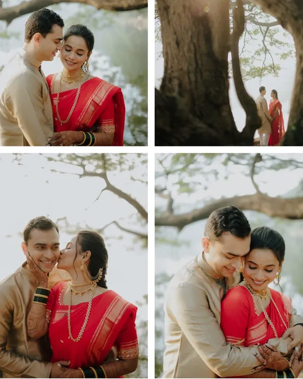 A collage of Janhavi and Yash during their outdoor shoot. These photos show a range of emotions, from playful kisses to quiet, intimate embraces, all set against a beautiful natural backdrop.