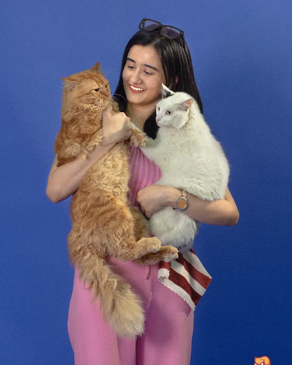 A model holds two beautiful cats for a campaign shoot. Our studio is equipped to handle shoots with multiple animals, ensuring a smooth and professional experience for commercial clients.