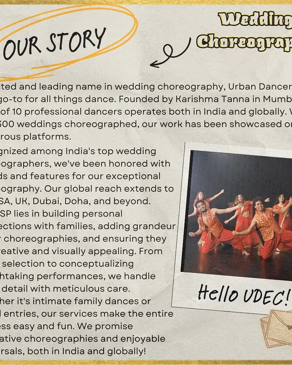 A trusted name in wedding choreography, Urban Dancera is your go-to for all things dance. Founded by me, Karishma Tanna, our team of 10 professional dancers operates both in India and globally, with over 300 weddings choreographed.