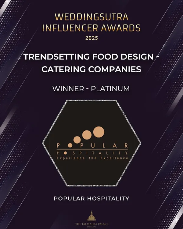 We were elated to win the Platinum award for "Trendsetting Food Design - Catering Companies" at the WeddingSutra Influencer Awards 2025. This recognition fuels our passion for innovation.