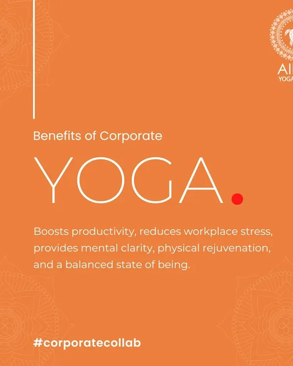 This infographic outlines the key benefits of corporate yoga, including boosted productivity, reduced stress, and improved mental clarity for a more balanced workforce.