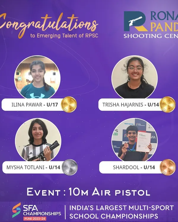 Celebrating the emerging talent from our academy. Our young shooters Ilina, Trisha, Mysha, and Shardool brought home gold, silver, and bronze medals in the 10m Air Pistol event at the SFA Championships, India's largest multi-sport school championship.