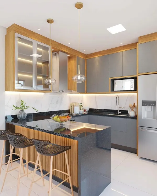 This 3D render shows a U-shaped kitchen with a breakfast bar. The design combines grey cabinets with wood accents, a black granite countertop, and stylish pendant lights.