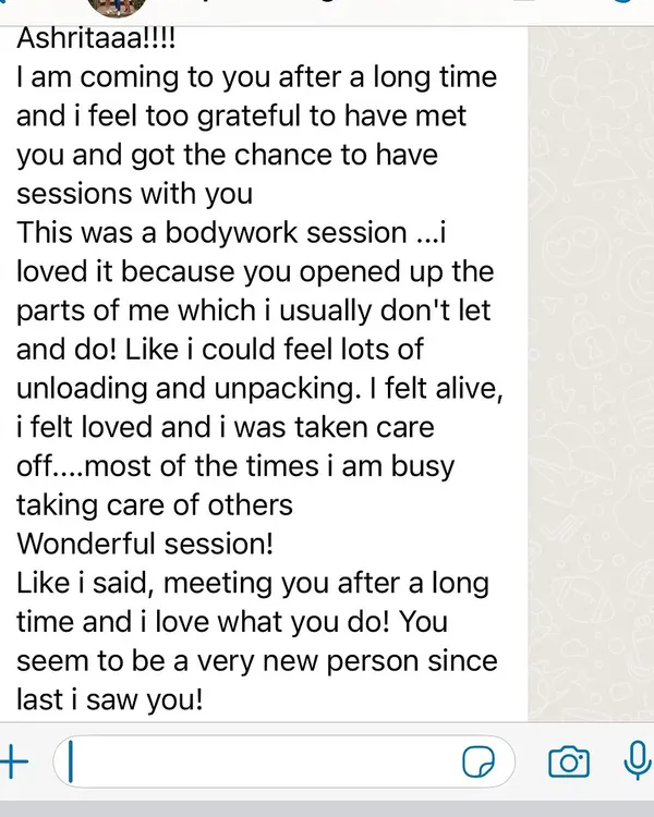 A heartfelt message from a client who returned for a bodywork session after two years. She speaks of feeling alive, loved, and taken care of, a reminder of how important it is to receive.