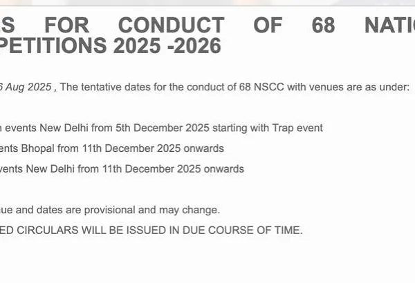 Announcement for the shooting fraternity. The tentative dates for the 68th National Shooting Championship Competitions (NSCC) 2025-26 are here.
