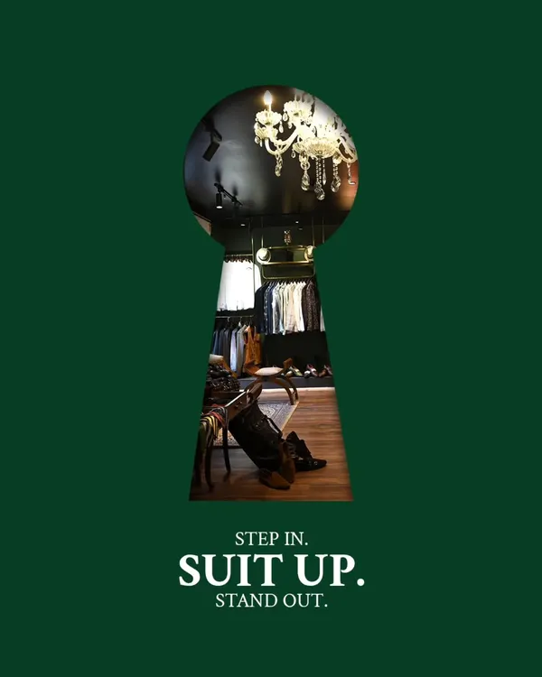 An invitation to discover a world of bespoke elegance. This graphic, showing our studio through a keyhole, encapsulates our message: Step in, suit up, and stand out with a style that is uniquely yours.