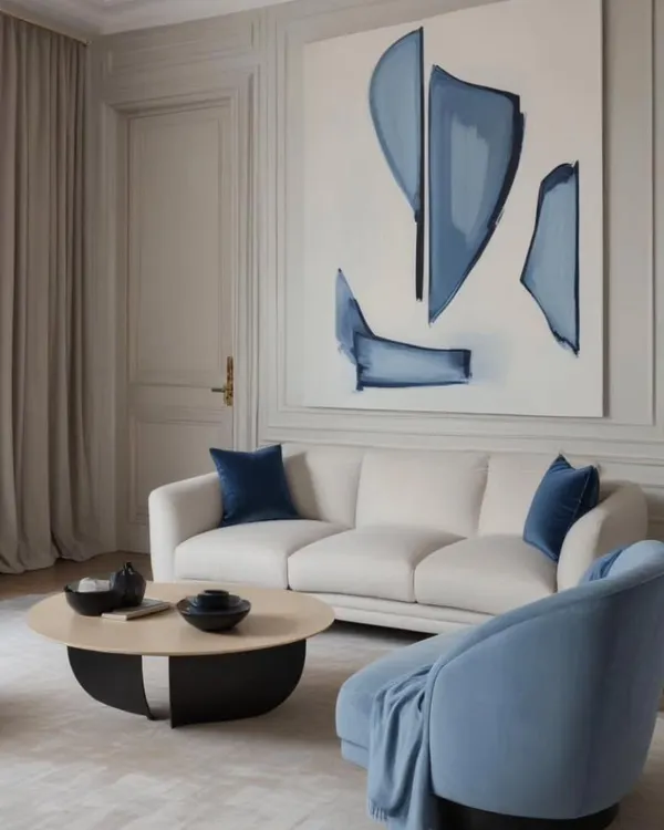 This living room pairs modern abstract art with soothing blue tones reminiscent of sky and sea. With natural textures and a soft palette, the space feels calm, curated, and deeply connected to coastal inspiration.