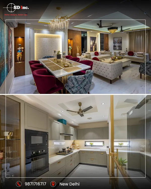 (Hero Media) A glimpse into a 4500 sqft residence where we blended modern aesthetics with timeless design. This collage showcases a luxurious living and dining area with plush velvet chairs and a sleek, functional kitchen with integrated appliances, demonstrating our capability to deliver cohesive, end-to-end interior solutions.