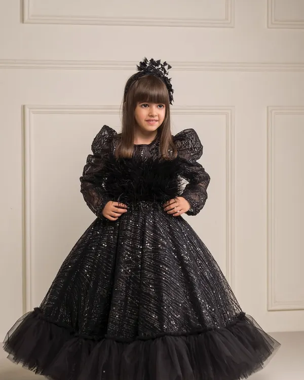 This magnificent black gown is perfect for a grand birthday celebration, featuring long sleeves, a feather detailed bodice, and a full, sparkling skirt.